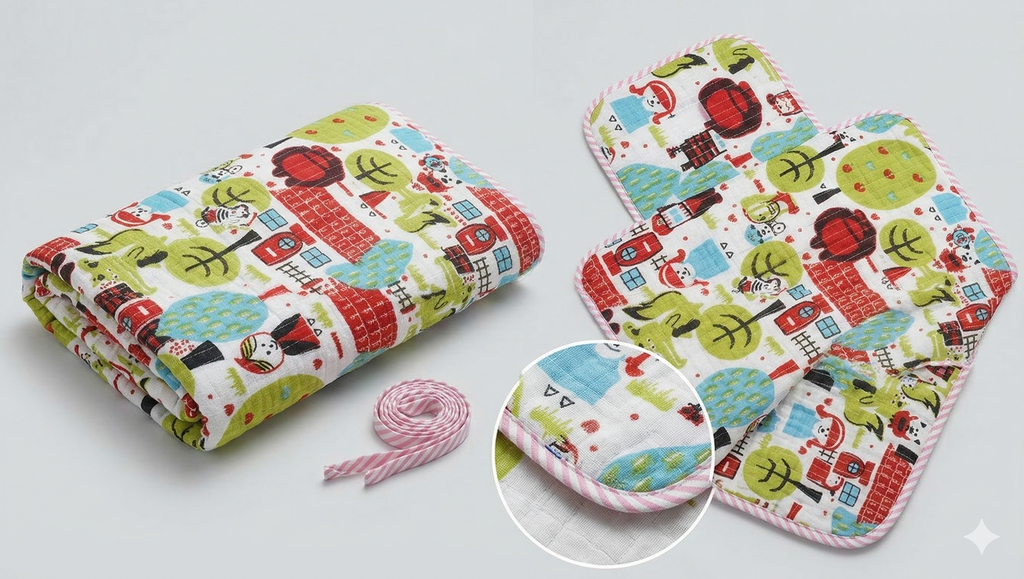 Little Chiku Premium Cotton Diaper Changing Mat - Waterproof & Foldable (Village Town Print)