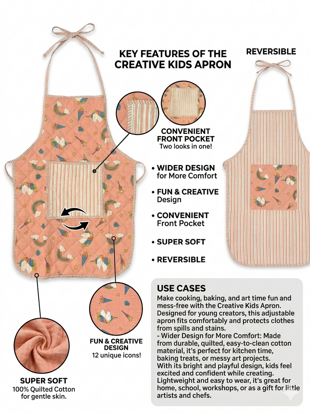 Kids Aprons-assorted-0-12 Years and Free Size Unicorn Print
