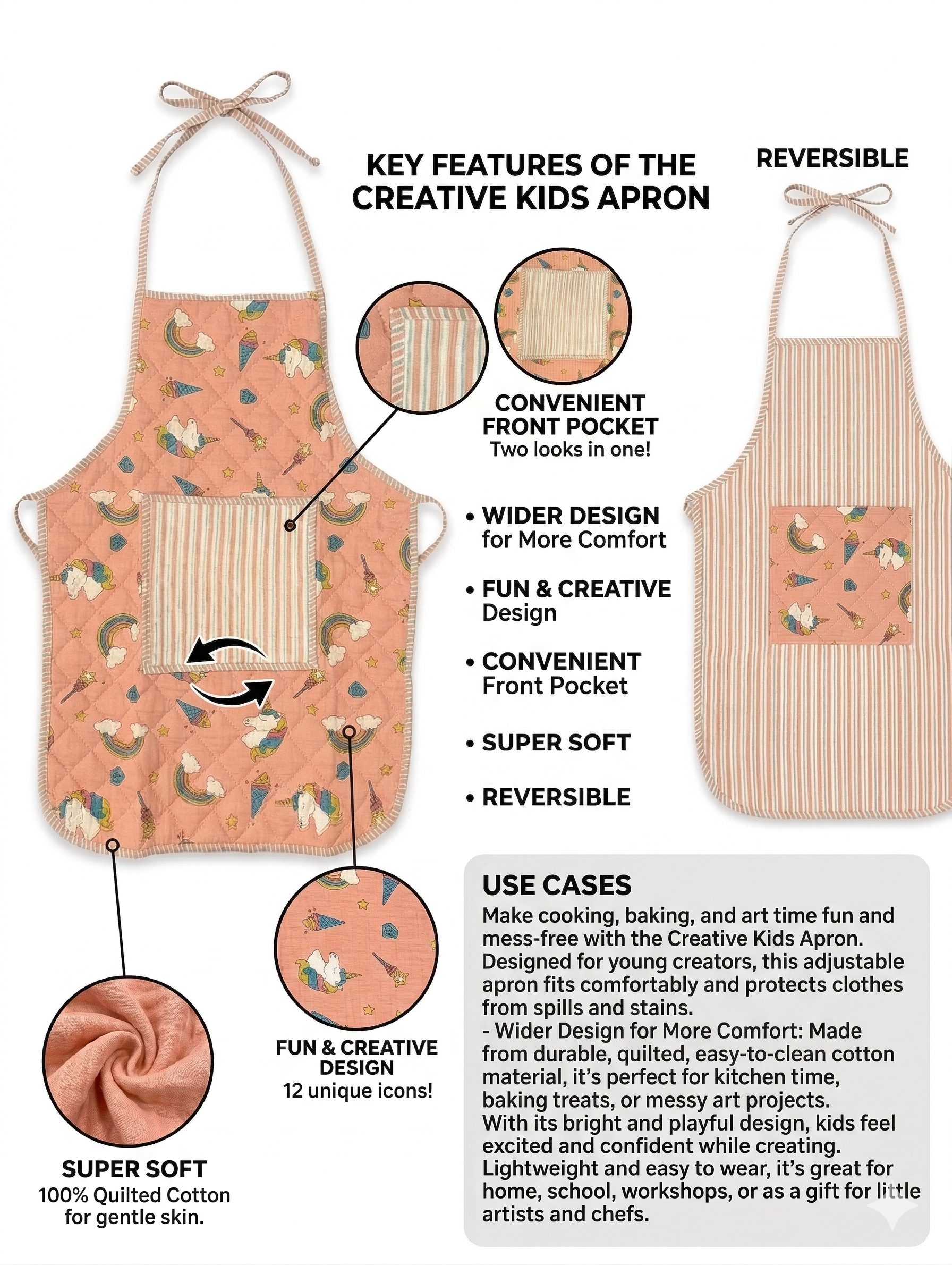 Kids Aprons-assorted-0-12 Years and Free Size Unicorn Print