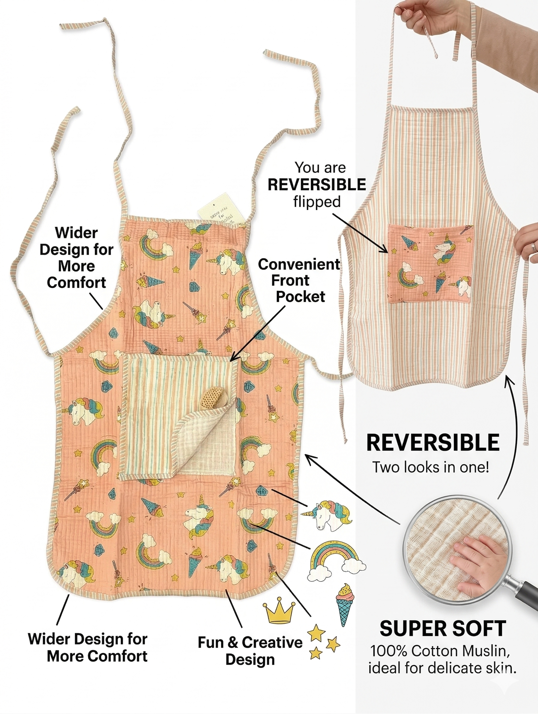 Kids Aprons-assorted-0-12 Years and Free Size Unicorn Print