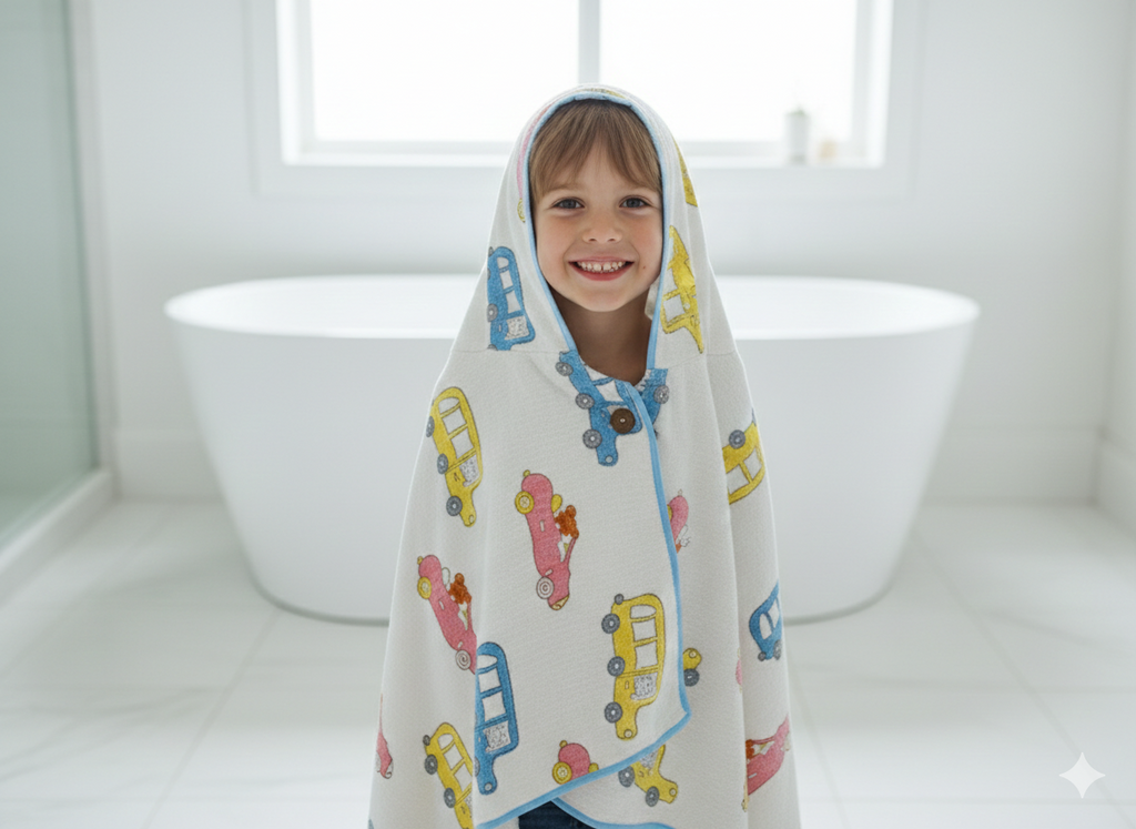Kids' Car Print 100% Waffle Cotton Hooded Poncho (6-7 Years)