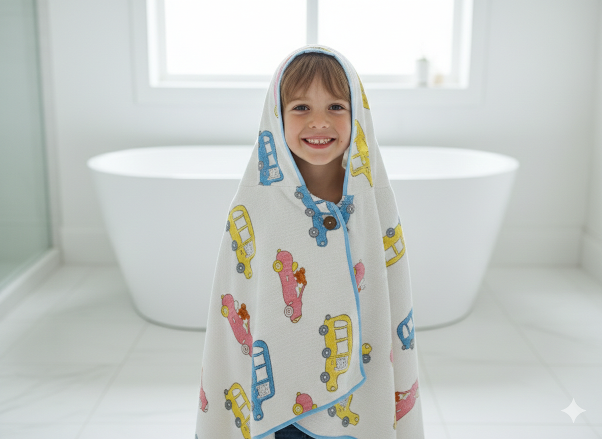 Kids' Car Print 100% Waffle Cotton Hooded Poncho (6-7 Years)