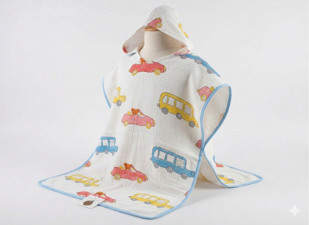 Kids' Car Print 100% Waffle Cotton Hooded Poncho (6-7 Years)