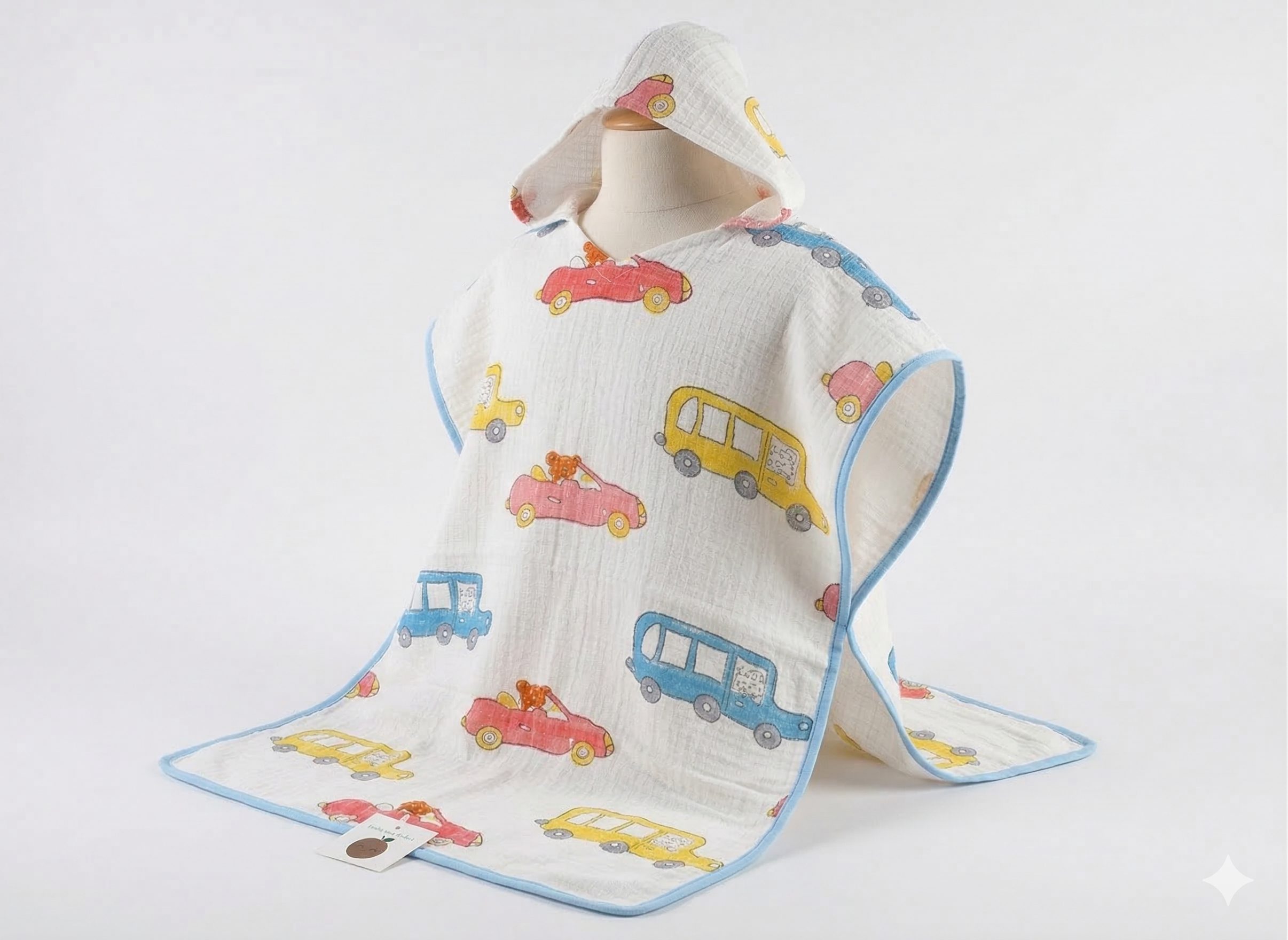 Kids' Car Print 100% Waffle Cotton Hooded Poncho (6-7 Years)