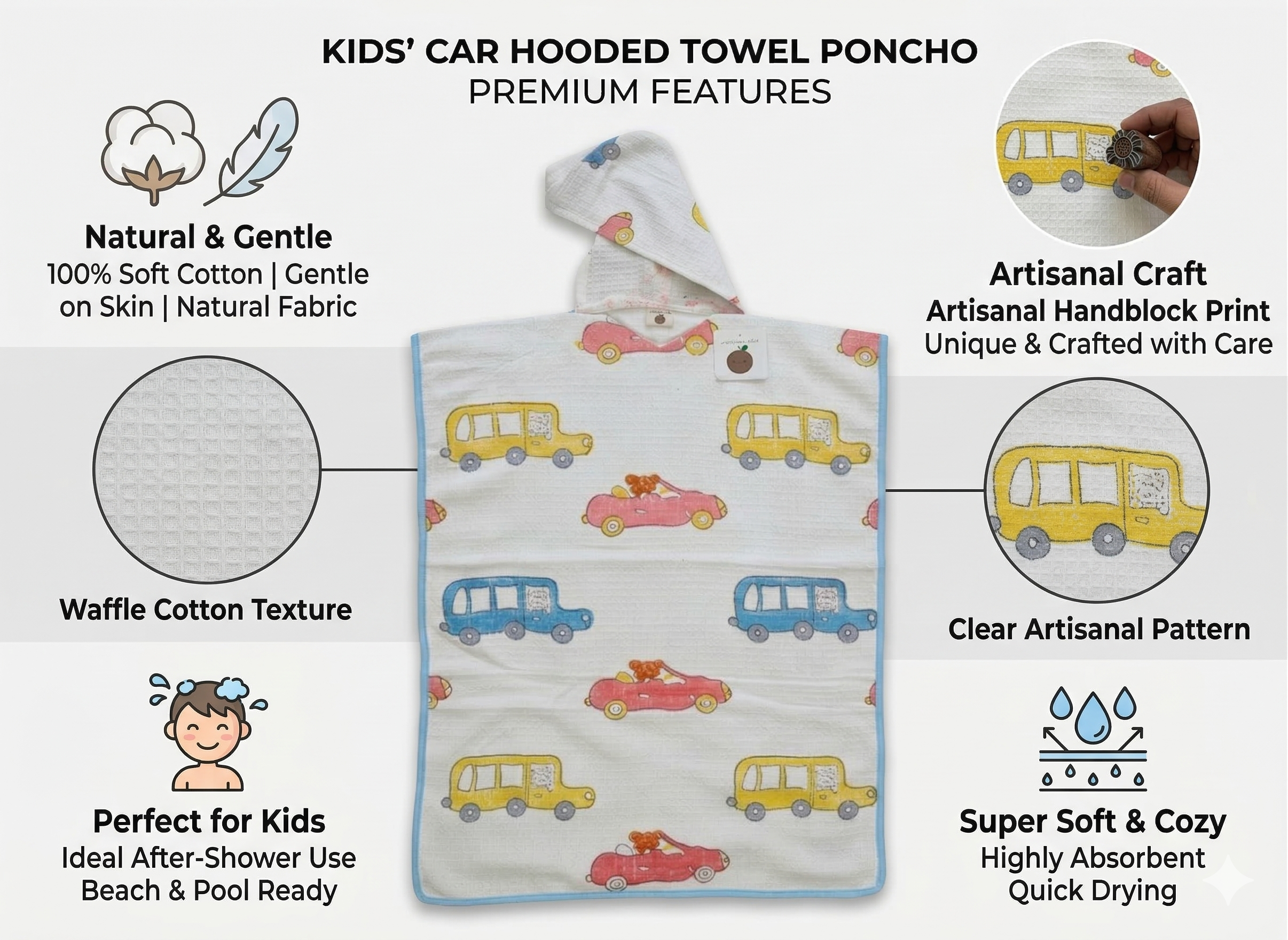 Kids' Car Print 100% Waffle Cotton Hooded Poncho (6-7 Years)