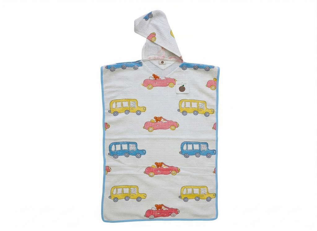 Kids' Car Print 100% Waffle Cotton Hooded Poncho (6-7 Years)