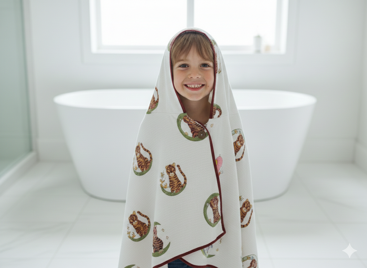 Kids' Cat & Chameleon 100% Waffle Cotton Hooded Poncho (6-7 Years)