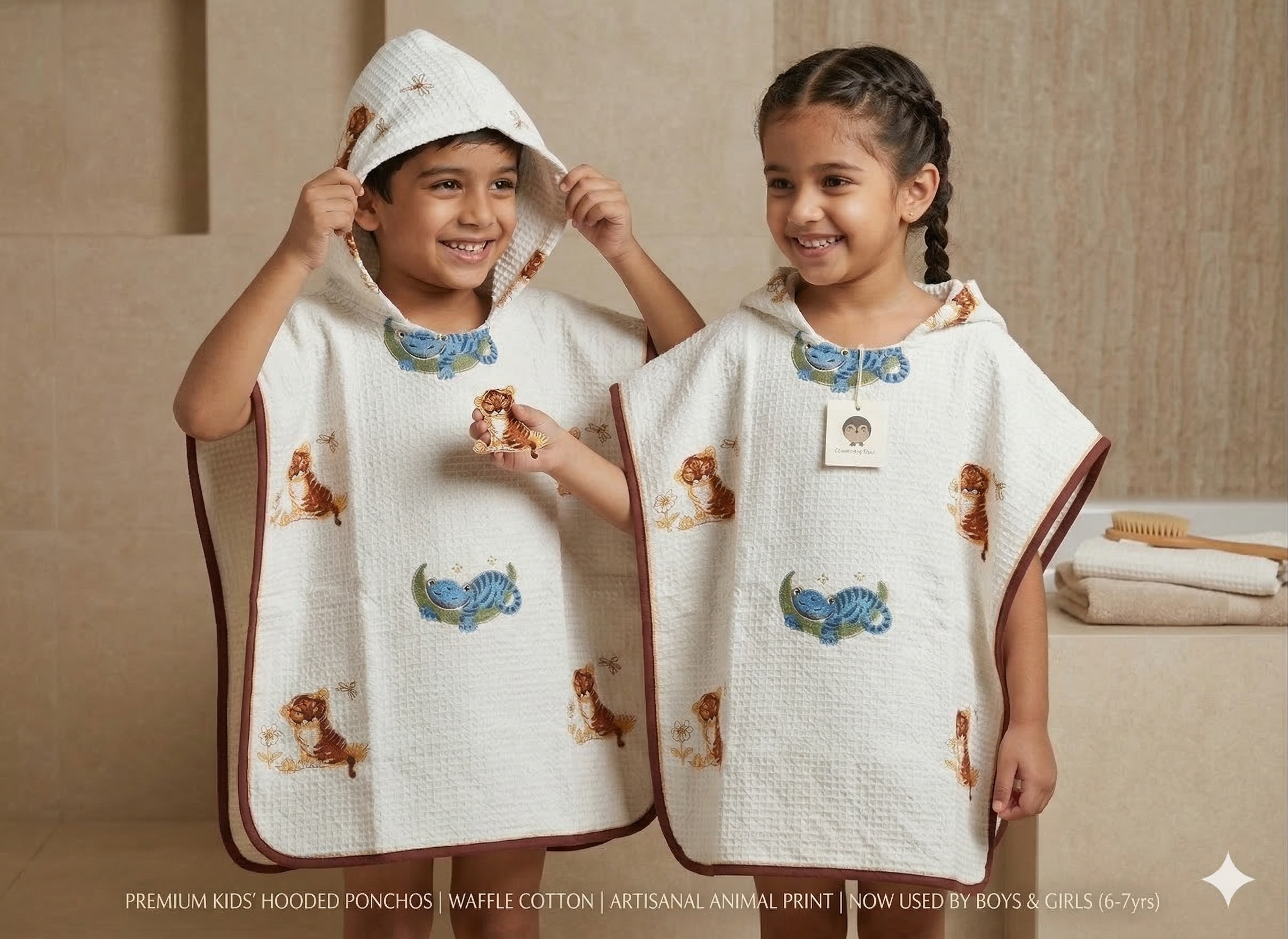 Kids' Cat & Chameleon 100% Waffle Cotton Hooded Poncho (6-7 Years)