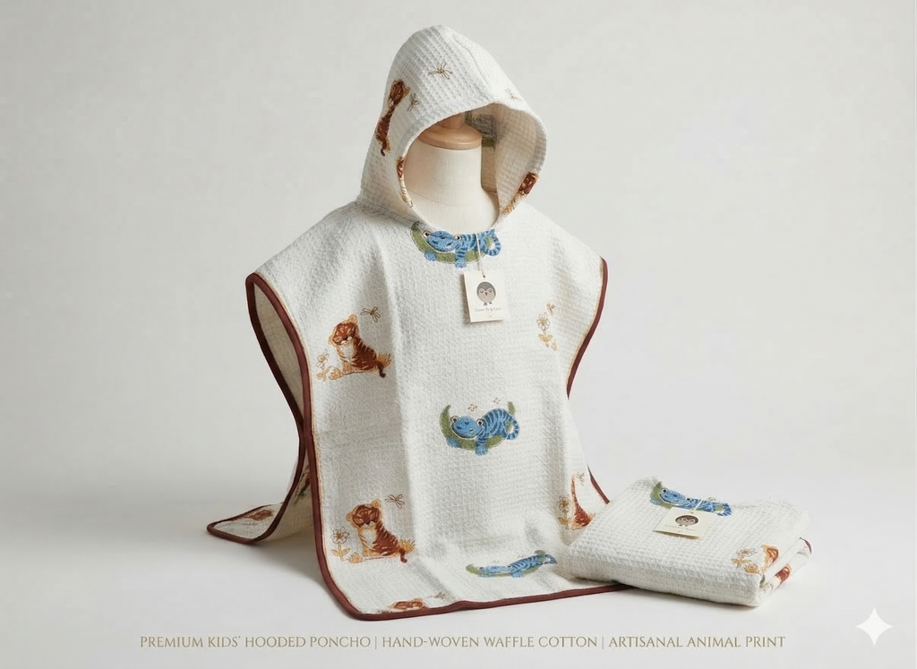 Kids' Cat & Chameleon 100% Waffle Cotton Hooded Poncho (6-7 Years)