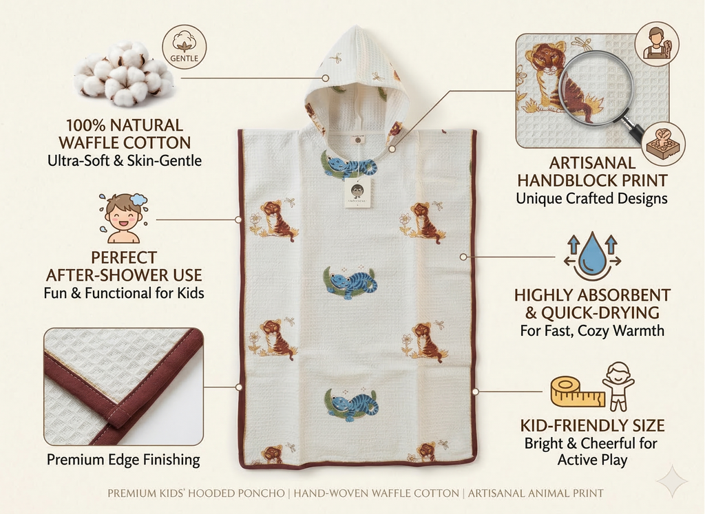 Kids' Cat & Chameleon 100% Waffle Cotton Hooded Poncho (6-7 Years)