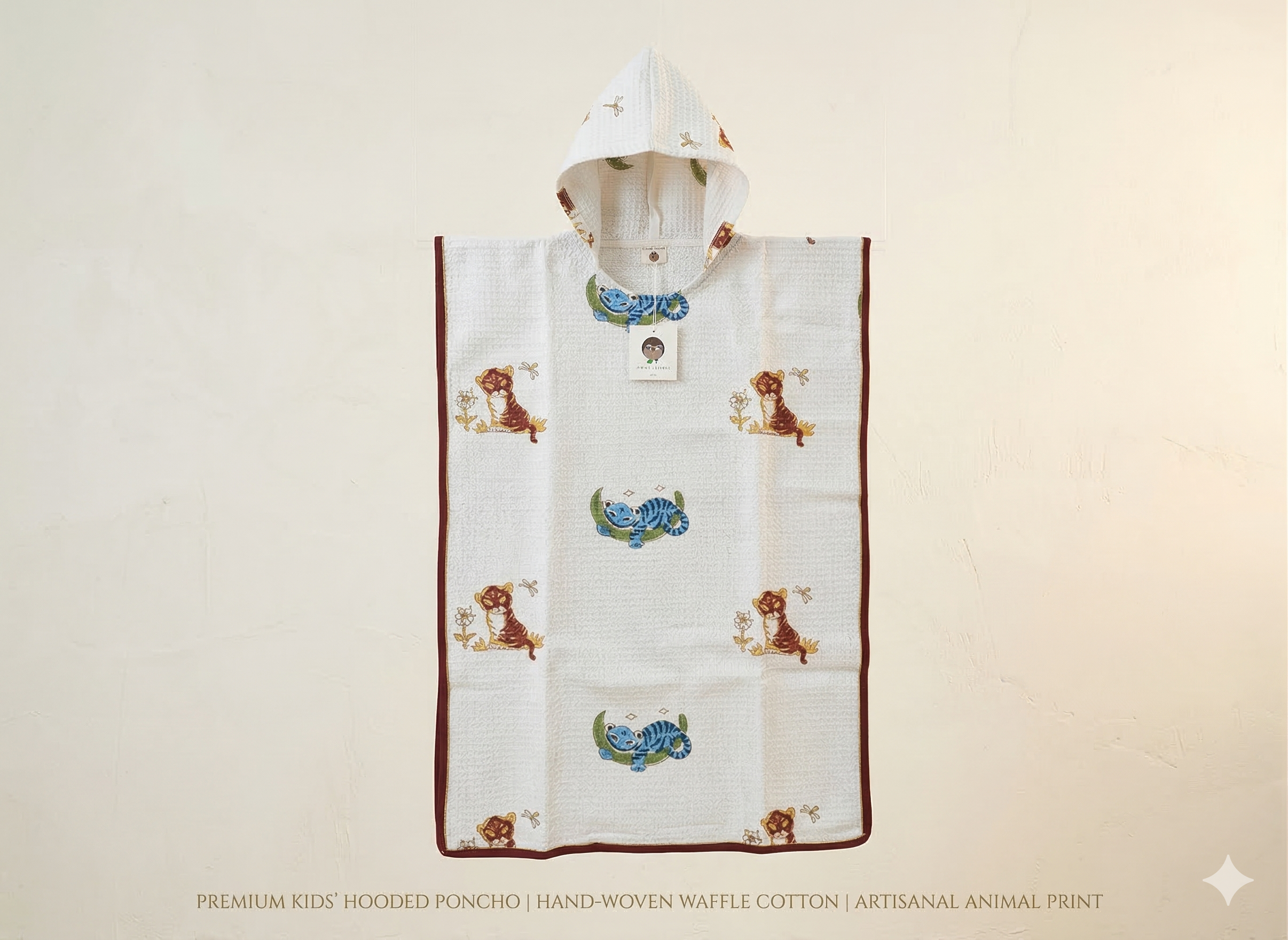Kids' Cat & Chameleon 100% Waffle Cotton Hooded Poncho (6-7 Years)