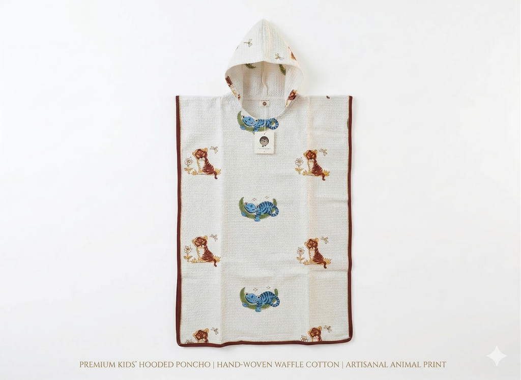 Kids' Cat & Chameleon 100% Waffle Cotton Hooded Poncho (6-7 Years)