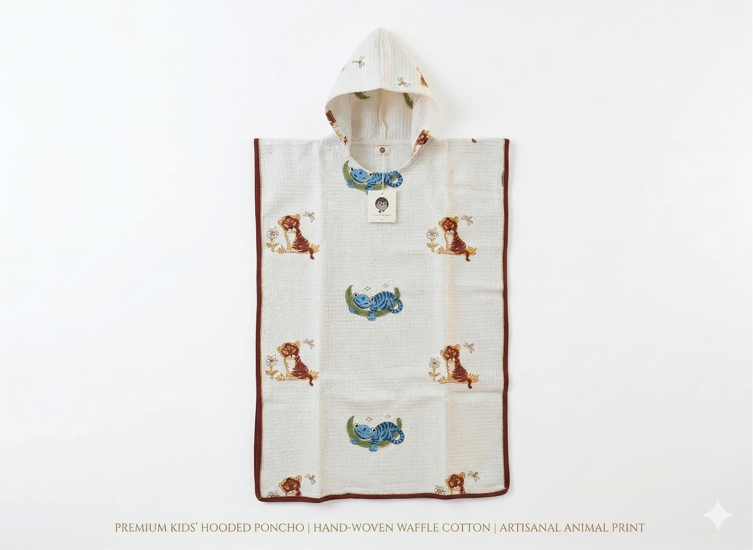 Kids' Cat & Chameleon 100% Waffle Cotton Hooded Poncho (6-7 Years)