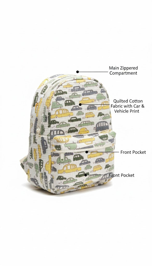 Handcrafted Soft Quilted Cotton Toddler Backpack Vintage car motif Design