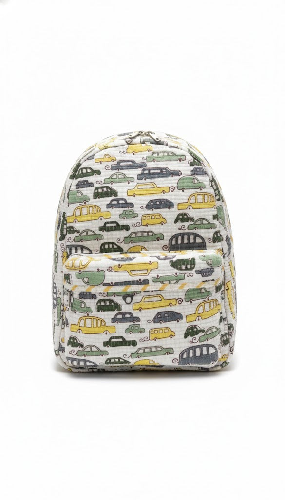 Handcrafted Soft Quilted Cotton Toddler Backpack Vintage car motif Design