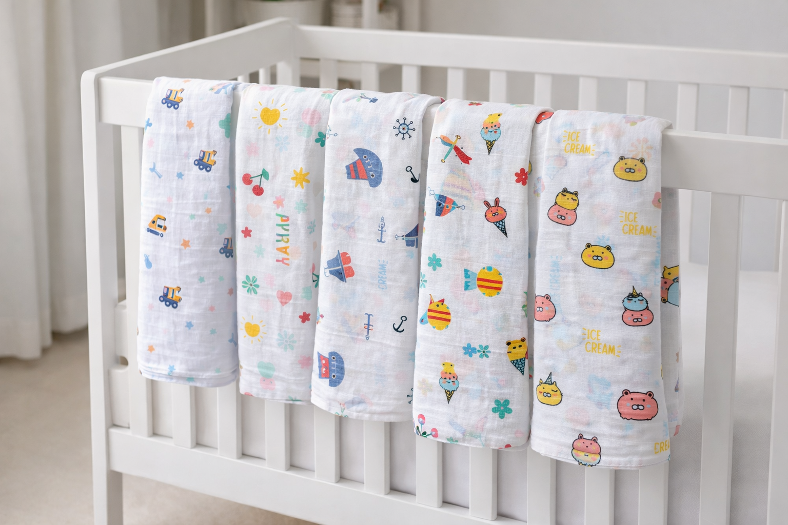 Pack of 5 - Baby Muslin Swaddle Blanket - Soft Cotton Breathable Multicolor Print and Design - White (100x100 cm)