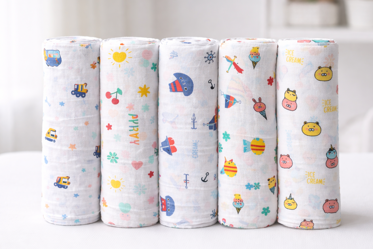 Pack of 5 - Baby Muslin Swaddle Blanket - Soft Cotton Breathable Multicolor Print and Design - White (100x100 cm)
