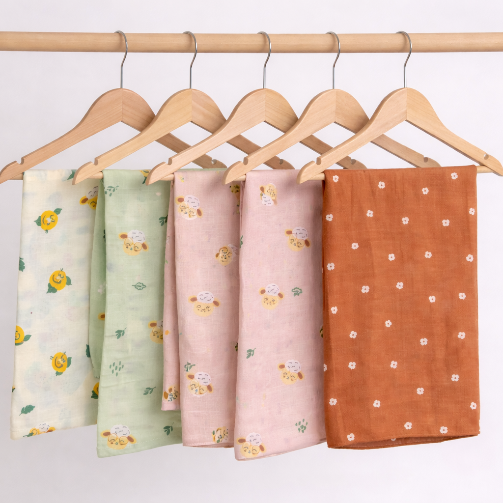 Pack of 5 - Muslin New born Baby Bath Towel - Soft Cotton Absorbent Multi color (75x150 cm)