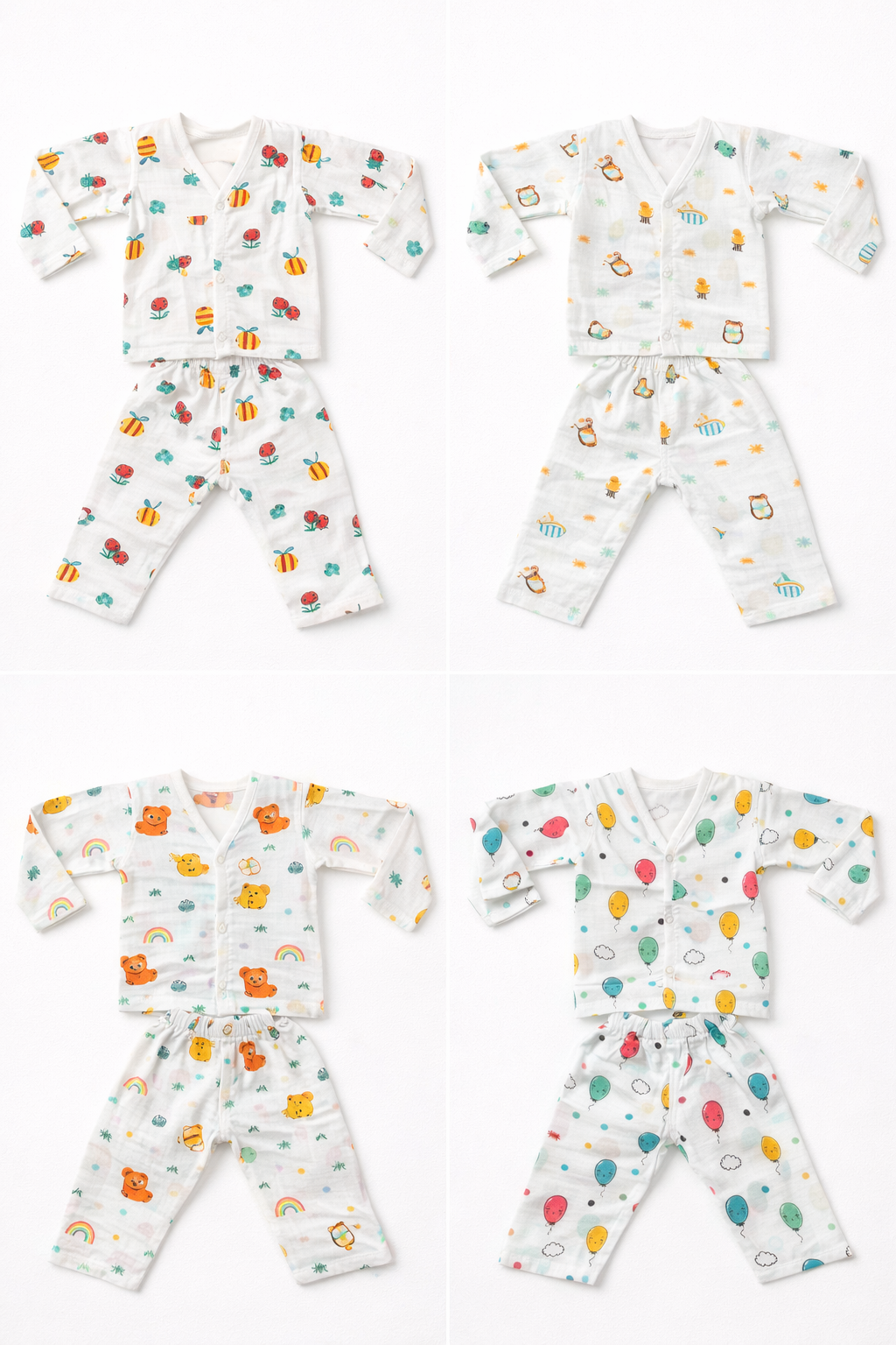 Pack of 4 - Baby Muslin Night Suit Set - Full Sleeve Shirt & Pajama, Soft Cotton Breathable Sleepwear - White Print (3-6 Months)