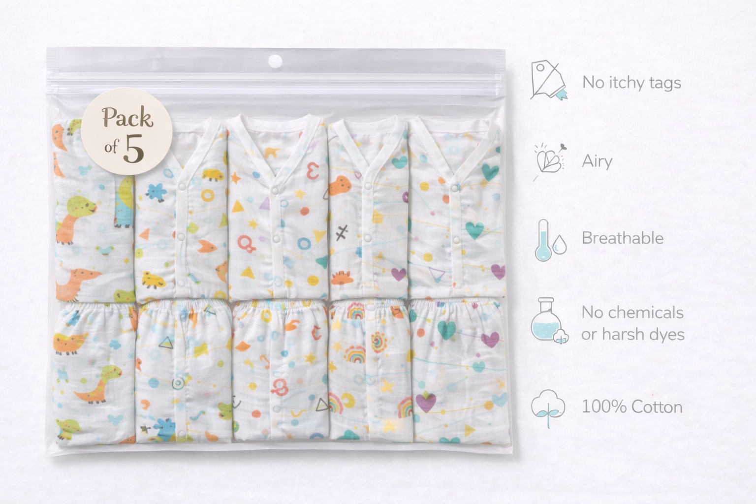 Pack of 5 - Baby Muslin Night Suit Set - Half Sleeve Shirt & Pajama, Soft Cotton Breathable Sleepwear - (6-9 Months)