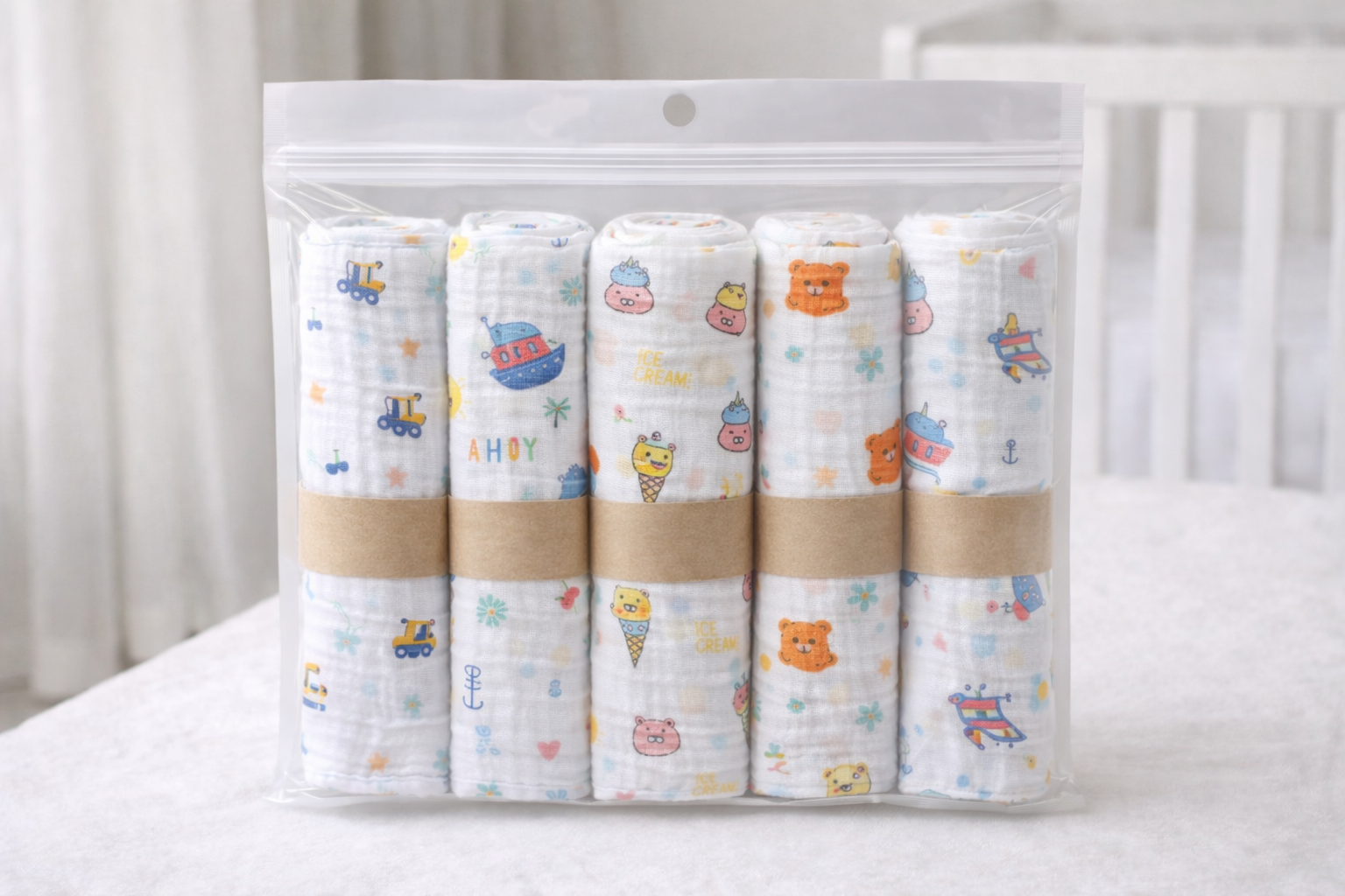 Pack of 5 - Baby Muslin Swaddle Blanket - Soft Cotton Breathable Multicolor Print and Design - White (100x100 cm)