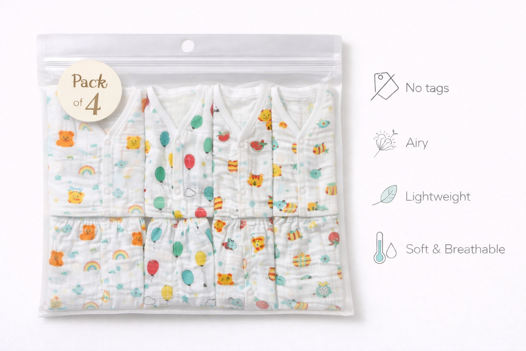 Pack of 4 - Baby Muslin Night Suit Set - Full Sleeve Shirt & Pajama, Soft Cotton Breathable Sleepwear - White Print (3-6 Months)