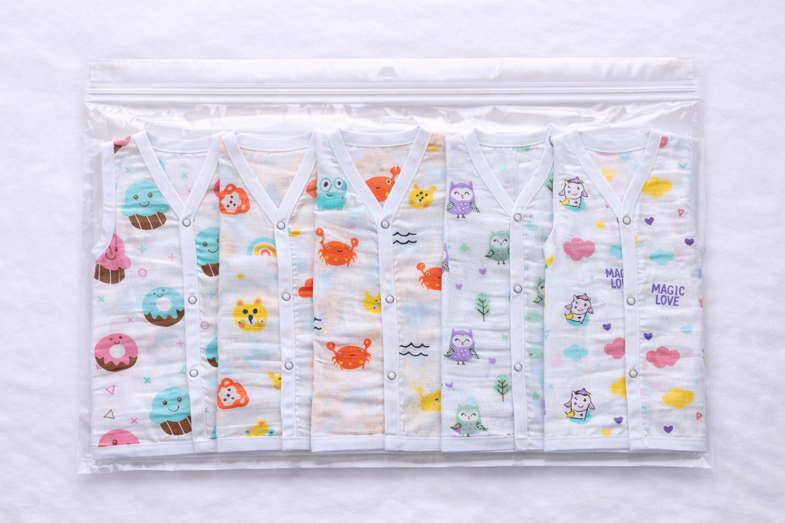Pack of 5 - Baby Muslin Jabla Vest - Sleeveless Front Open Top, Soft Breathable Cotton - (3-6 Months)