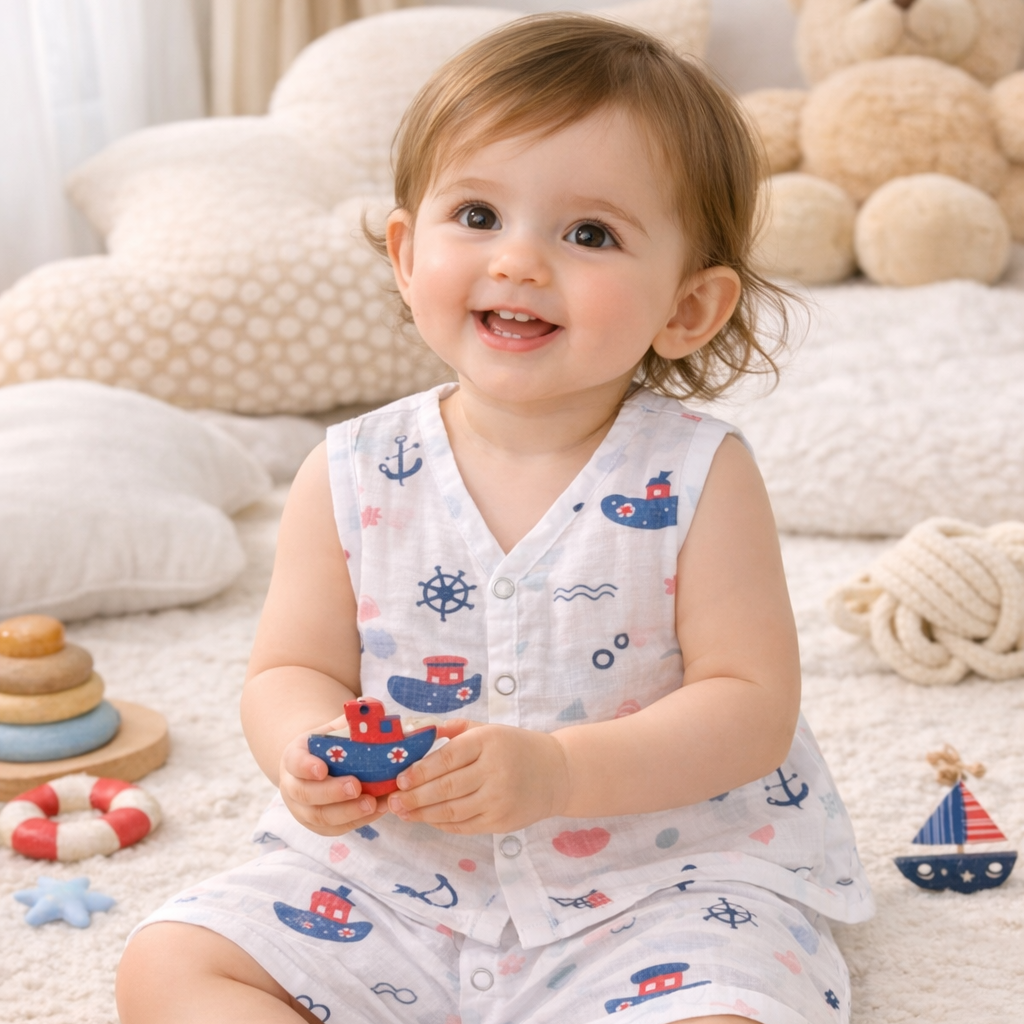 Pack of 5 - Baby Muslin Co-ord Set - Sleeveless Vest & Shorts, Soft Cotton Summer Outfit - (6-9 Months)
