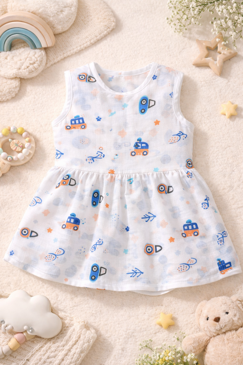 Pack of 5 - Baby Girl White Muslin Sleeveless Button Dress with Multi Print and Multi Colour - (3-6 Months)