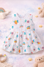 Pack of 5 - Baby Girl White Muslin Sleeveless Button Dress with Multi Print and Multi Colour - (3-6 Months)