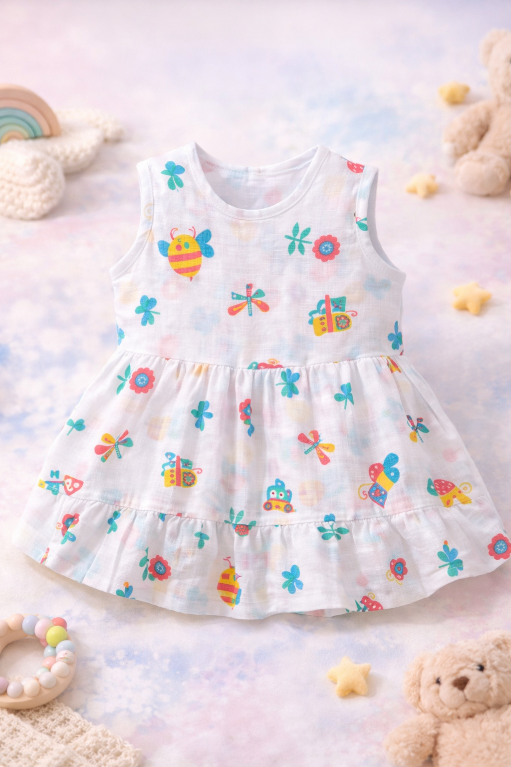 Pack of 5 - Baby Girl White Muslin Sleeveless Button Dress with Multi Print and Multi Colour - (3-6 Months)