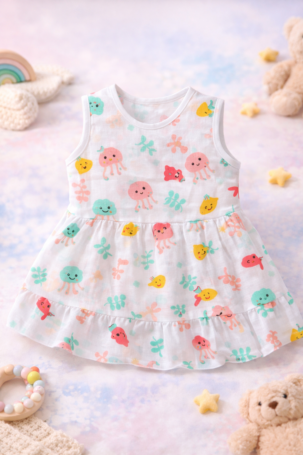 Pack of 5 - Baby Girl White Muslin Sleeveless Button Dress with Multi Print and Multi Colour - (3-6 Months)