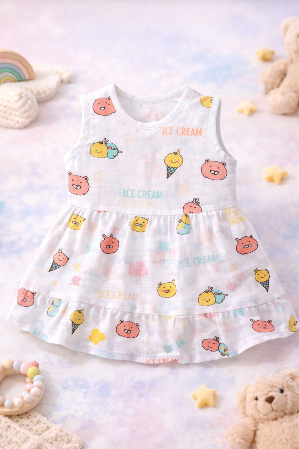 Pack of 5 - Baby Girl White Muslin Sleeveless Button Dress with Multi Print and Multi Colour - (3-6 Months)