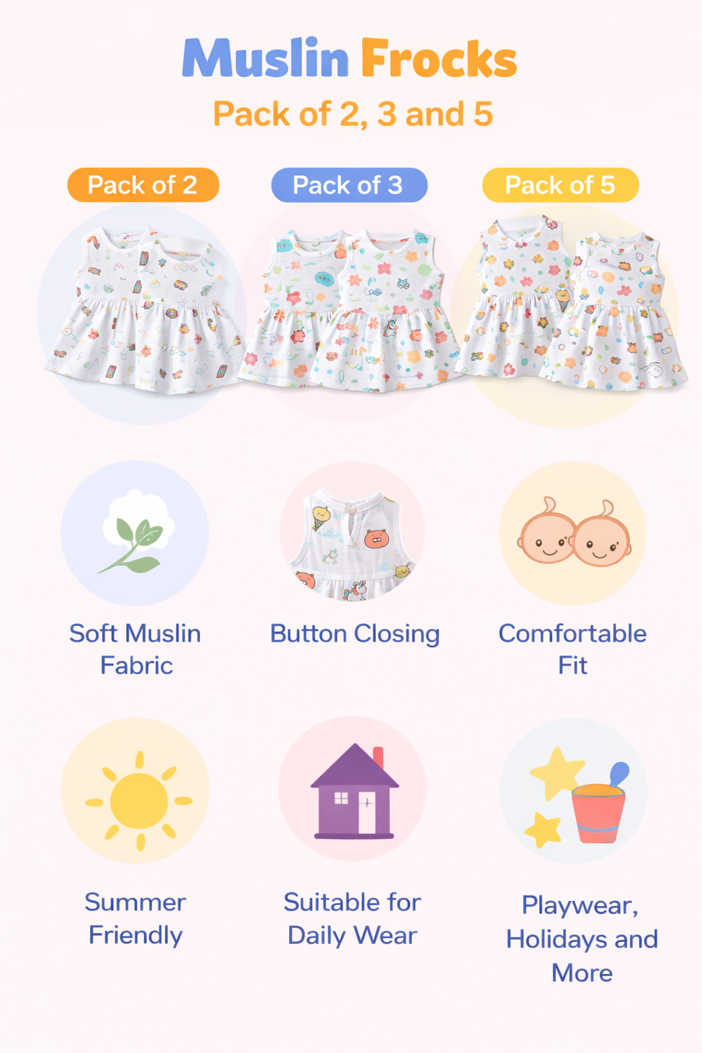 Pack of 5 - Baby Girl White Muslin Sleeveless Button Dress with Multi Print and Multi Colour - (3-6 Months)