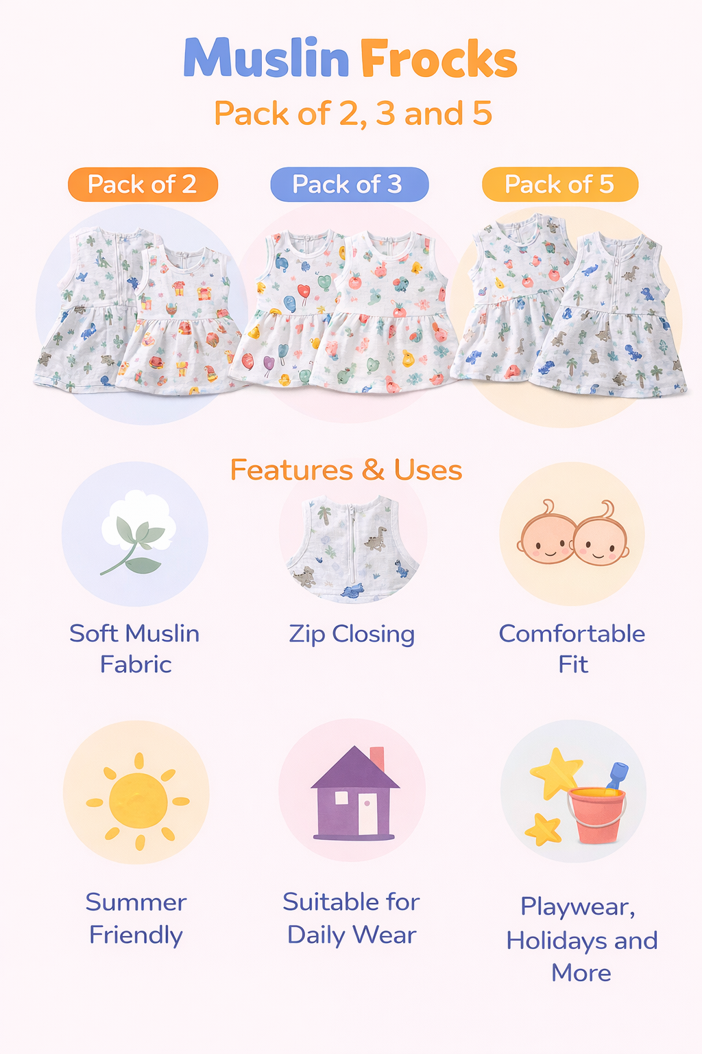 Pack of 5 - Baby Girl Muslin Cotton Sleeveless Zip Dress - Soft Breathable Summer Frock with Cute Prints for 9-12 Months Baby