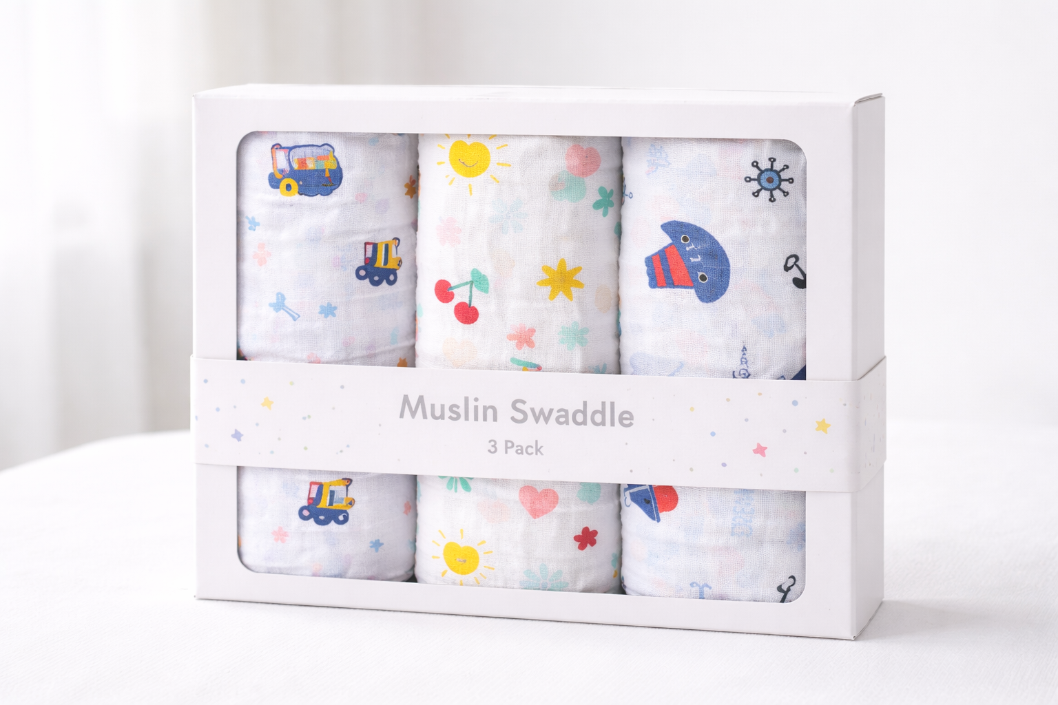 Pack of 3 - Baby Muslin Swaddle Blanket - Soft Cotton Breathable Wrap Multicolor Multi Print - White (100x100 cm)