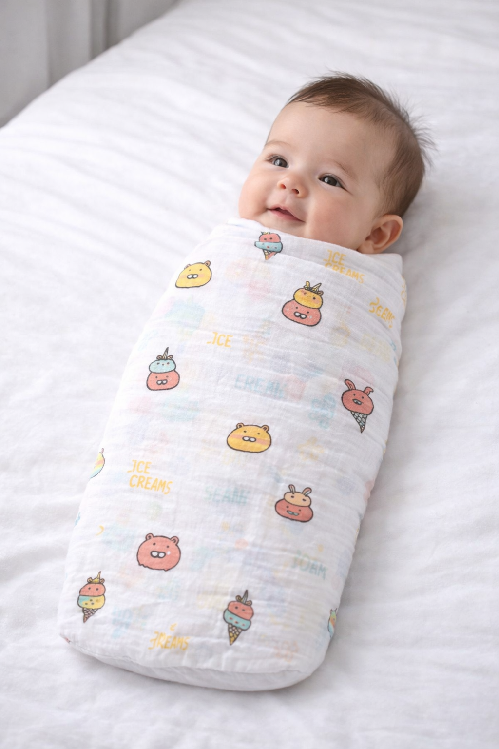 Pack of 2 - Baby Muslin Swaddle Blanket - Soft Cotton Breathable Wrap, Ice Cream & Cute Animals Print - White (100x100 cm)