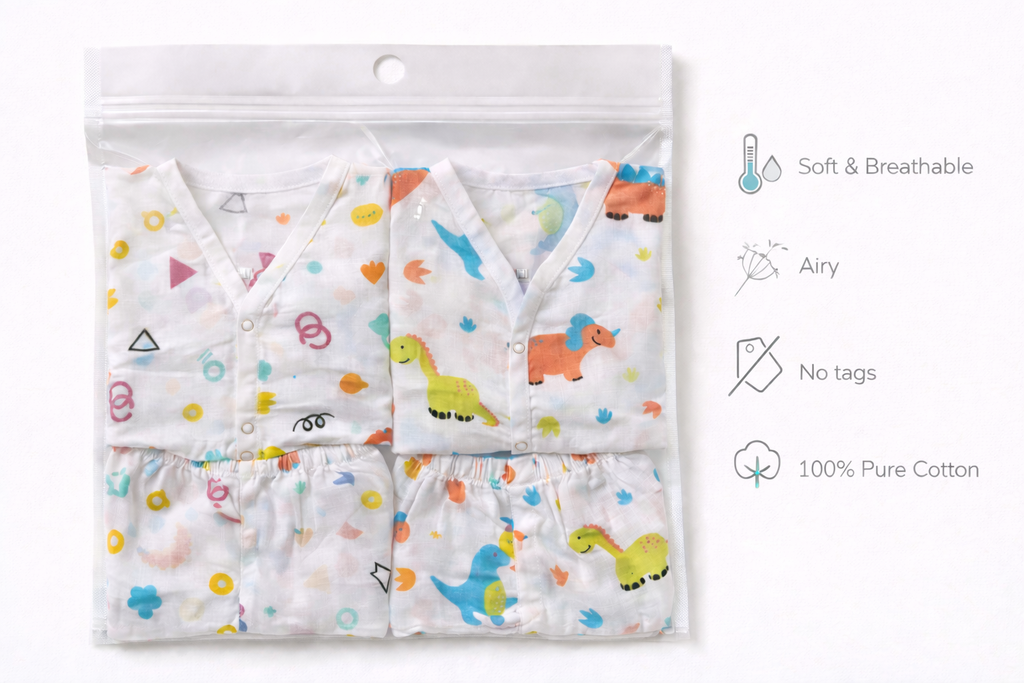 Pack of 2 - Baby Muslin Night Suit Set - Half Sleeve Shirt & Pajama, Soft Cotton Breathable Sleepwear - (6-9 Months)