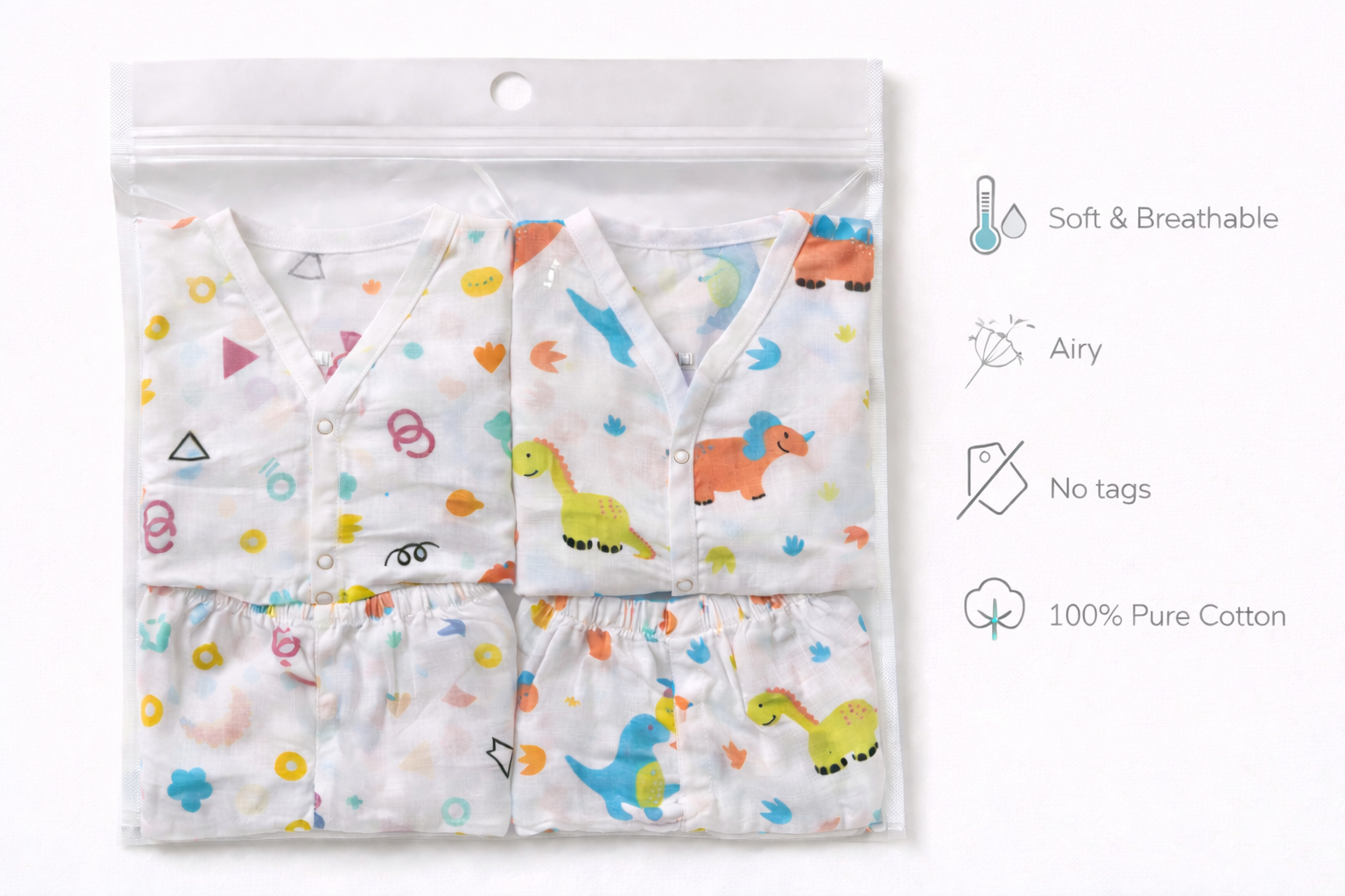 Pack of 2 - Baby Muslin Night Suit Set - Half Sleeve Shirt & Pajama, Soft Cotton Breathable Sleepwear - (6-9 Months)