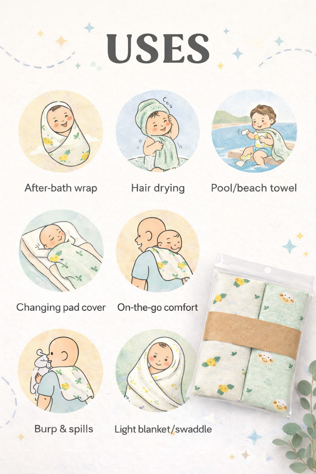 Pack of 2 - Muslin Bath Towel - Soft Cotton Absorbent, Multicolor and Multi Design Print (75x150 cm)