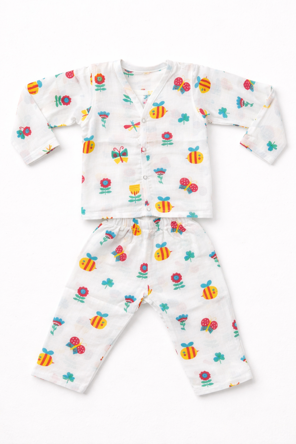 Pack of 3 - Baby Muslin Night Suit Set - Full Sleeve Shirt & Pajama, Soft Cotton Breathable Sleepwear - White Print (3-6 Months)