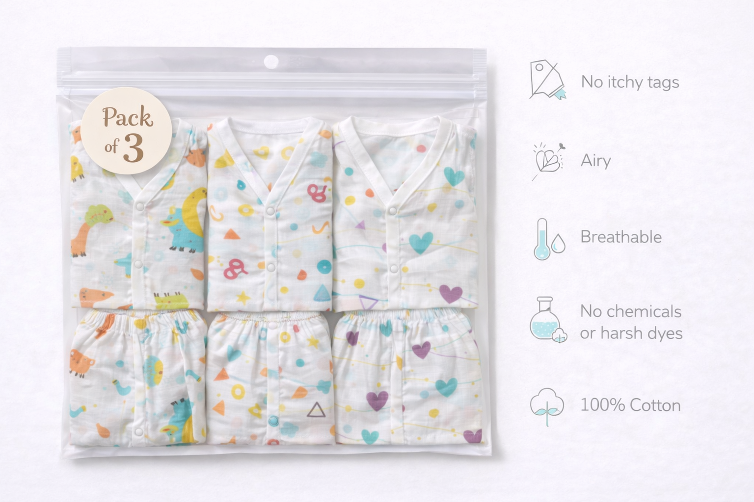 Pack of 3 - Baby Muslin Night Suit Set - Half Sleeve Shirt & Pajama, Soft Cotton Breathable Sleepwear - (6-9 Months)