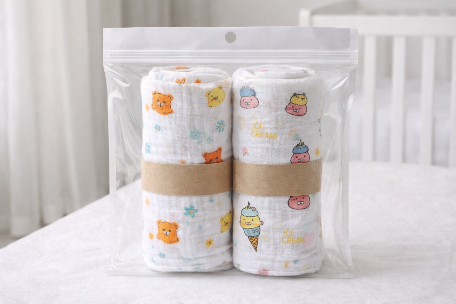Pack of 2 - Baby Muslin Swaddle Blanket - Soft Cotton Breathable Wrap, Ice Cream & Cute Animals Print - White (100x100 cm)