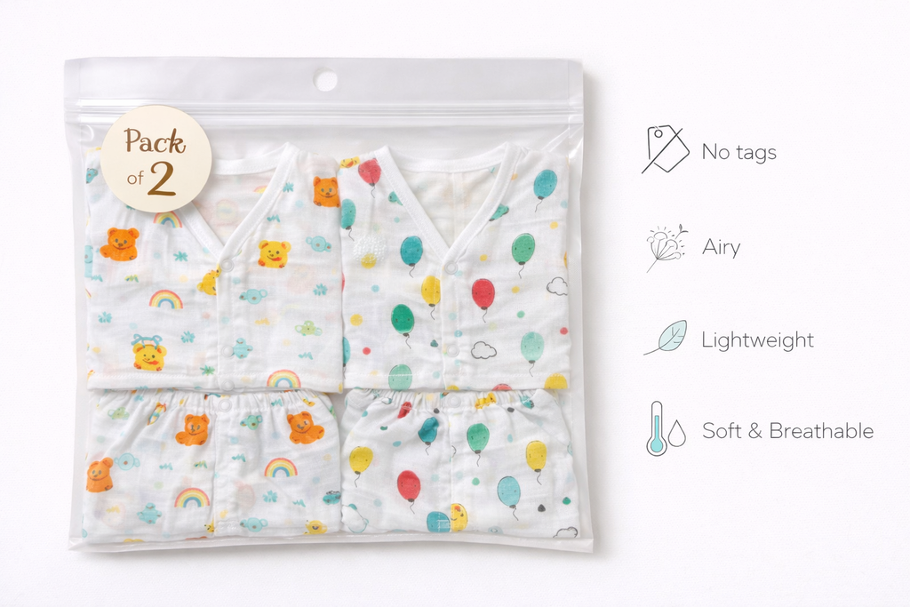 Pack of 2 - Baby Muslin Night Suit Set - Full Sleeve Shirt & Pajama, Soft Cotton Breathable Sleepwear - White Print (3-6 Months)