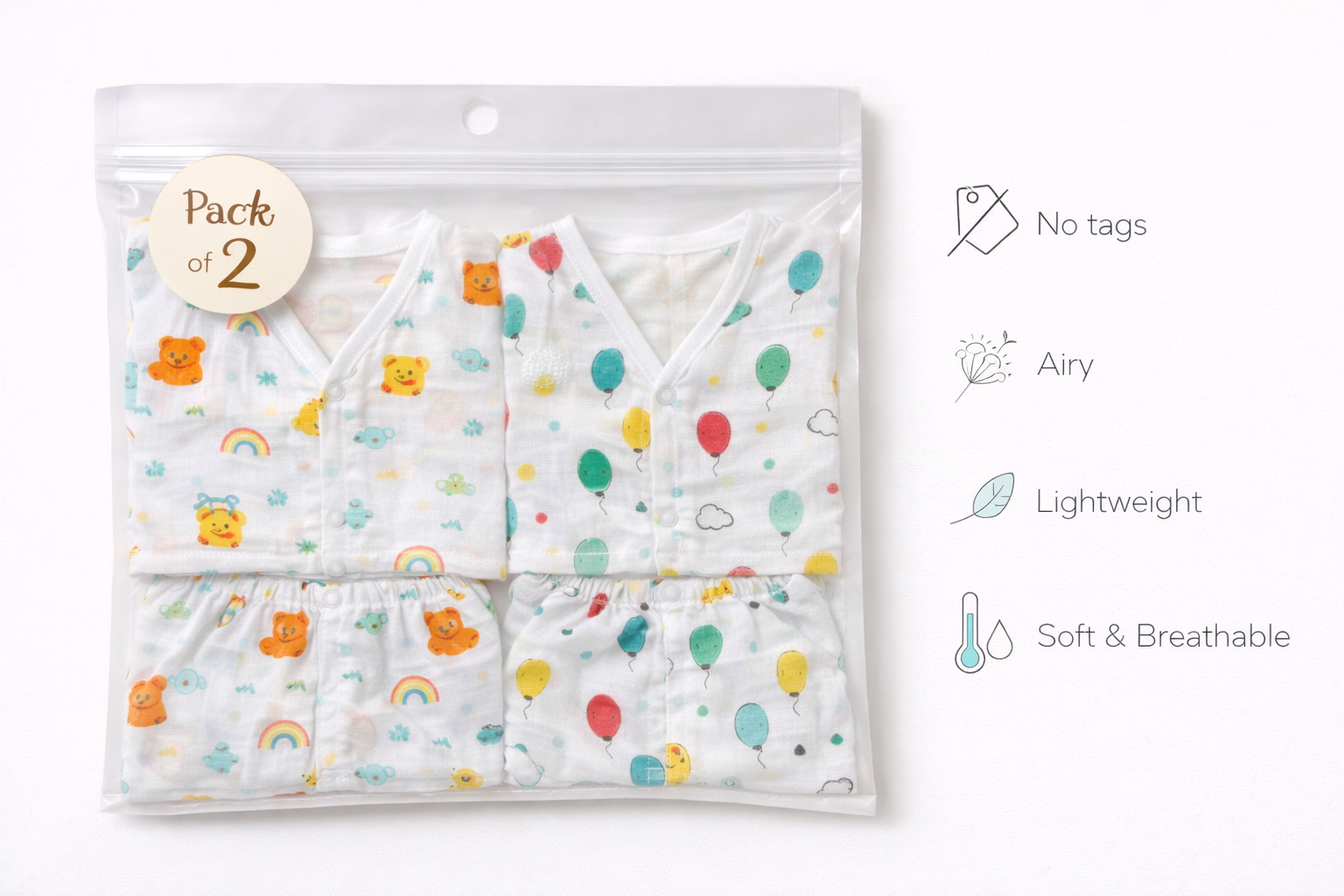 Pack of 2 - Baby Muslin Night Suit Set - Full Sleeve Shirt & Pajama, Soft Cotton Breathable Sleepwear - White Print (3-6 Months)