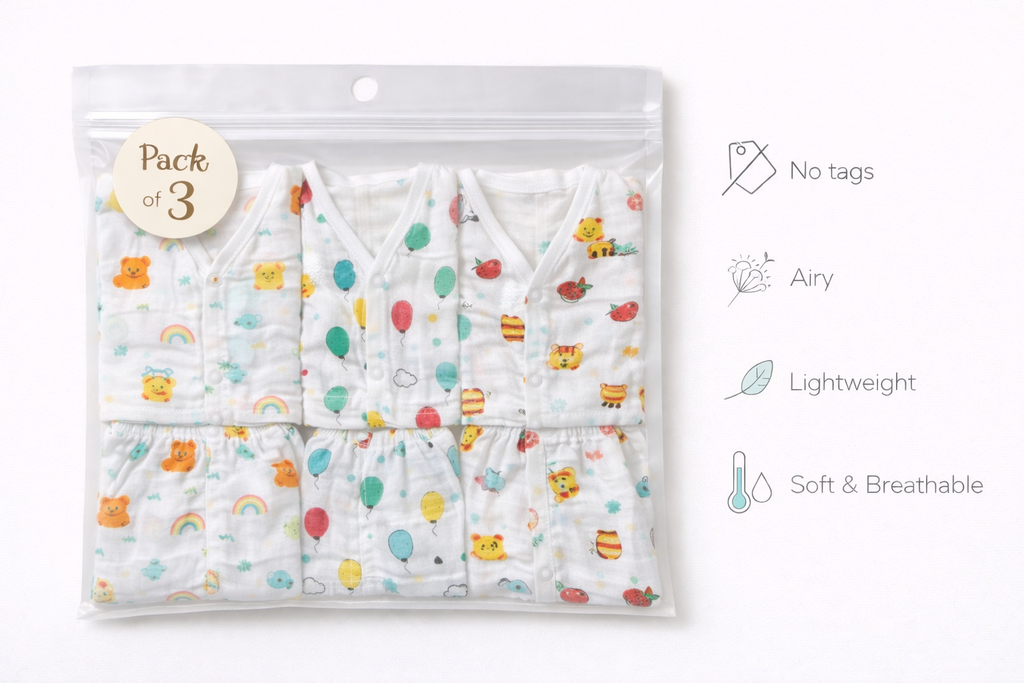 Pack of 3 - Baby Muslin Night Suit Set - Full Sleeve Shirt & Pajama, Soft Cotton Breathable Sleepwear - White Print (3-6 Months)