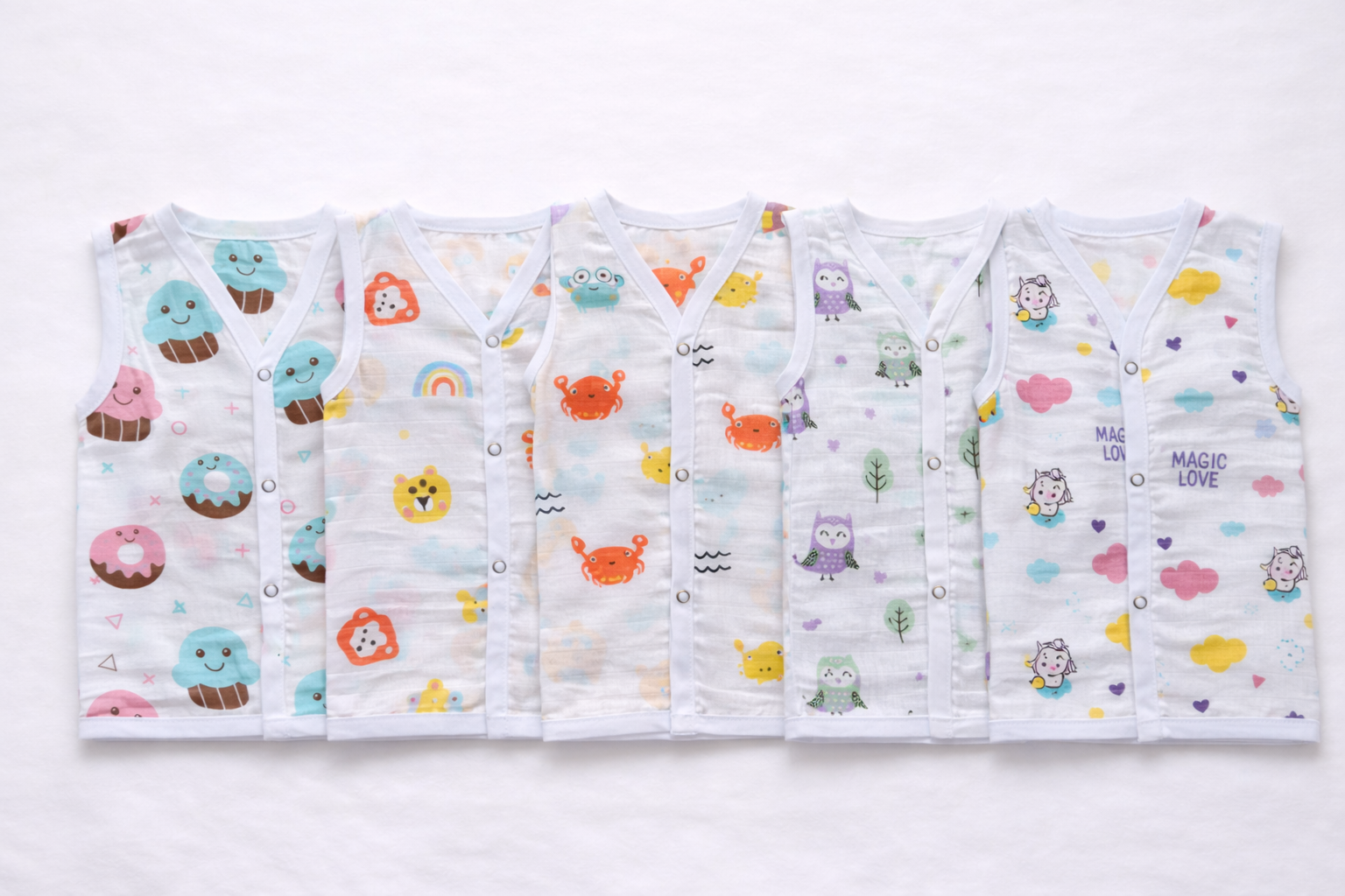 Pack of 3 - Baby Muslin Jabla Vest - Sleeveless Front Open Top, Soft Breathable Cotton - (3-6 Months)