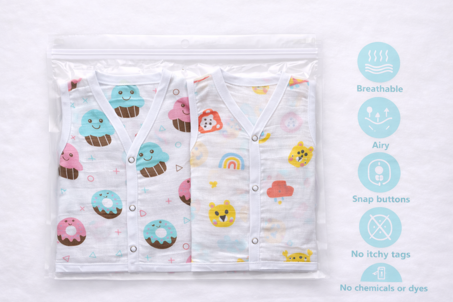 Pack of 2 - Baby Muslin Jabla Vest - Sleeveless Front Open Top, Soft Breathable Cotton - (3-6 Months)