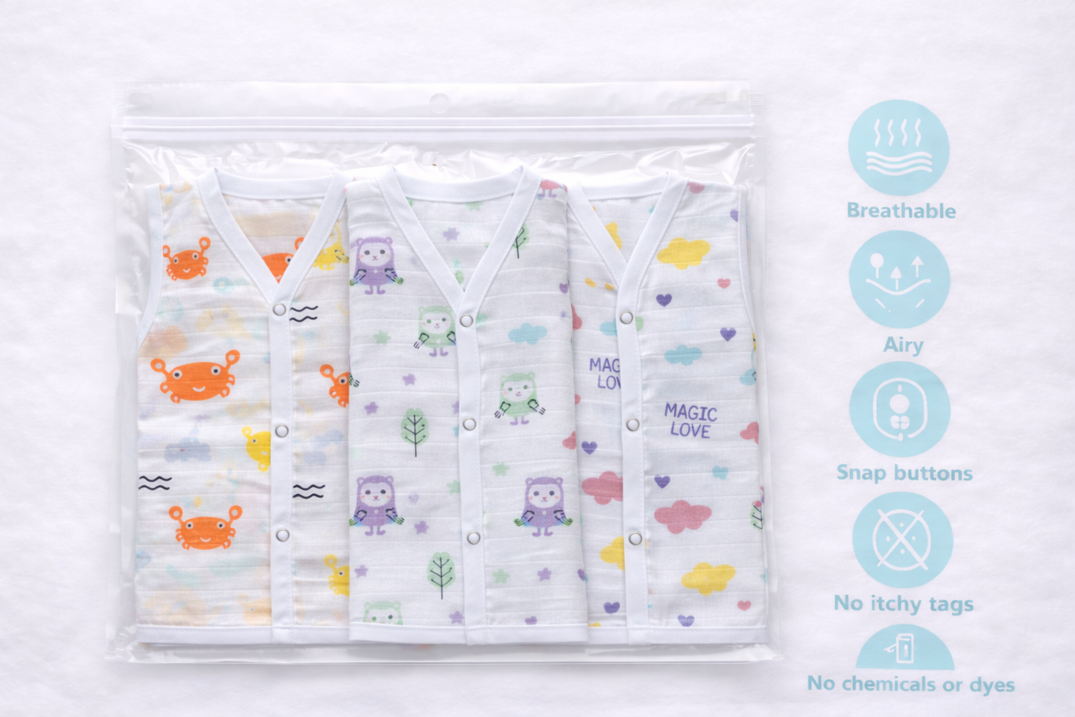 Pack of 3 - Baby Muslin Jabla Vest - Sleeveless Front Open Top, Soft Breathable Cotton - (3-6 Months)