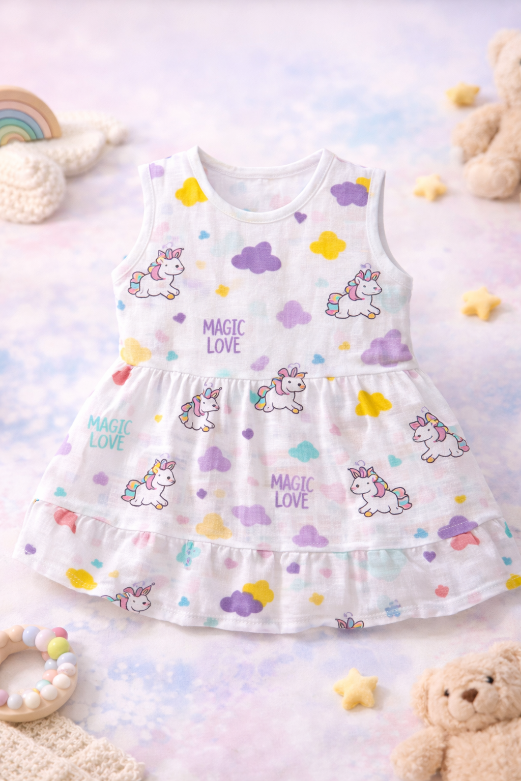Pack of 2 - Baby Girl White Muslin Sleeveless Button Dress with Multi Print and Multi Colour - (3-6 Months)
